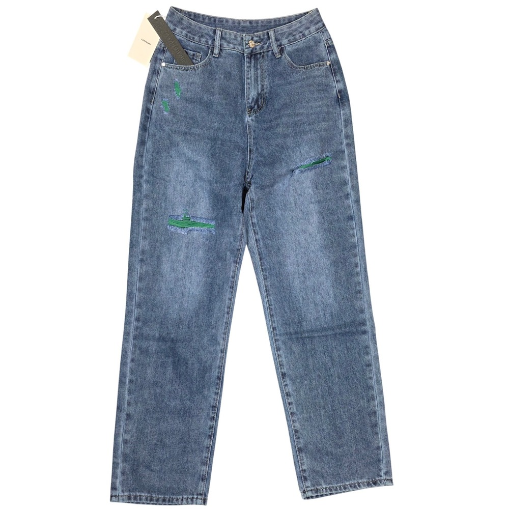 High Waisted Street-Style Jeans Distressed Wide Leg Baggy Patch Women Size L NWT